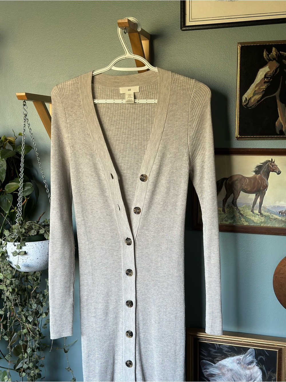 H&M Light Gray Ribbed Long Button-Front Cardigan